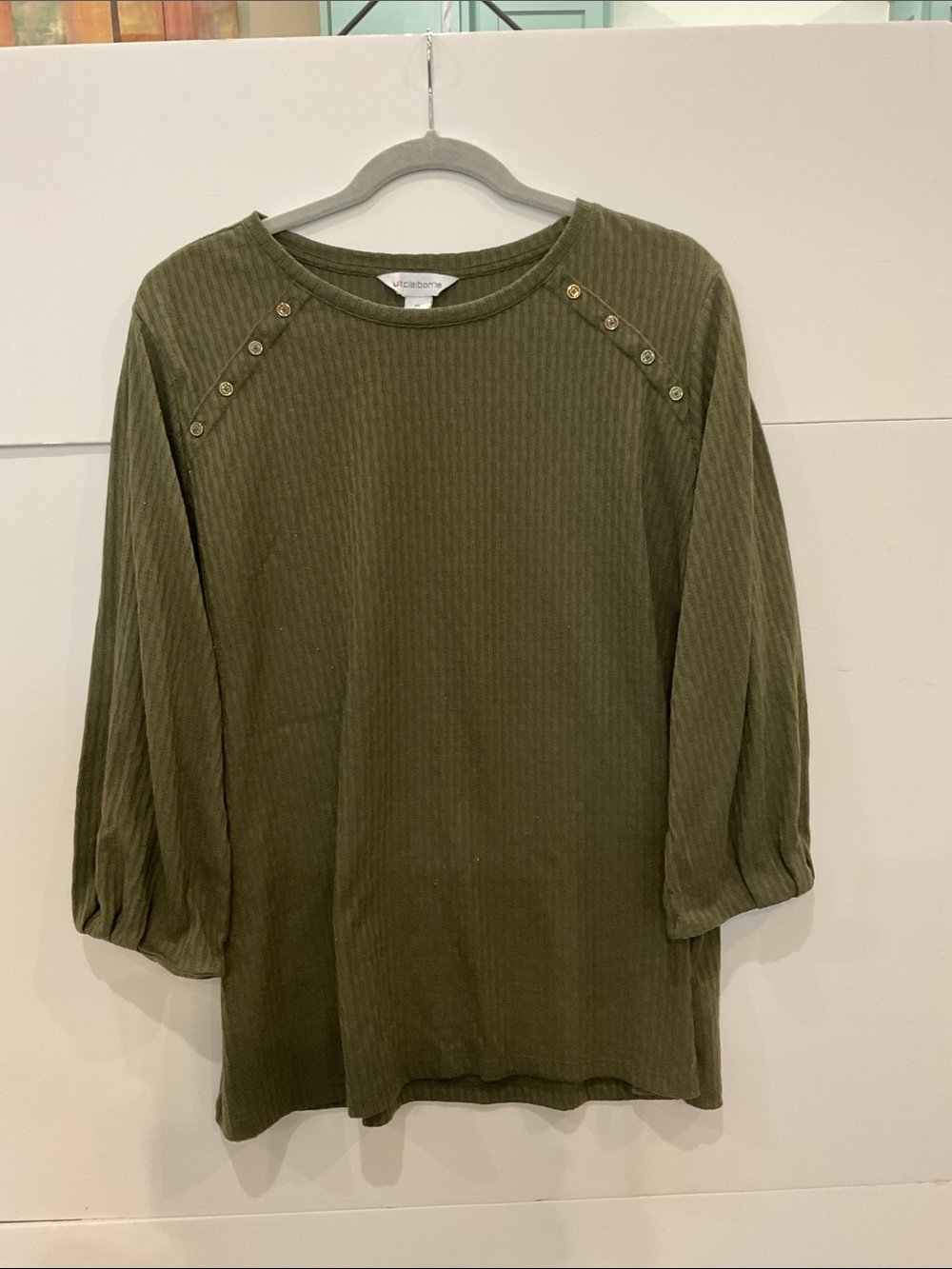 Liz Claiborne Olive‑Forest Green Ribbed Button‑Shoulder Top | Size XL EUC - Picture 1 of 7